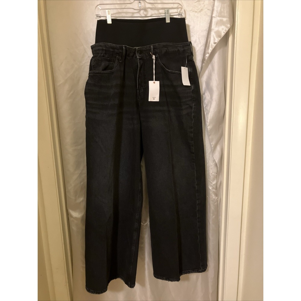 Good American Wide Leg Solution Black Denim Jeans 10/30 32" Inseam Compression
